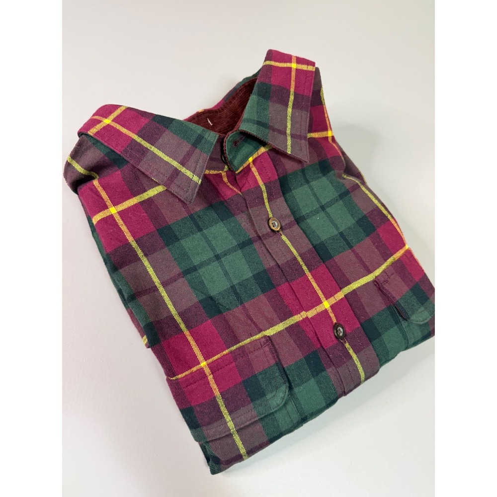 Banana Republic Mens Organic Cotton Plaid Flannel Shirt Corduroy Elbow Patch L
